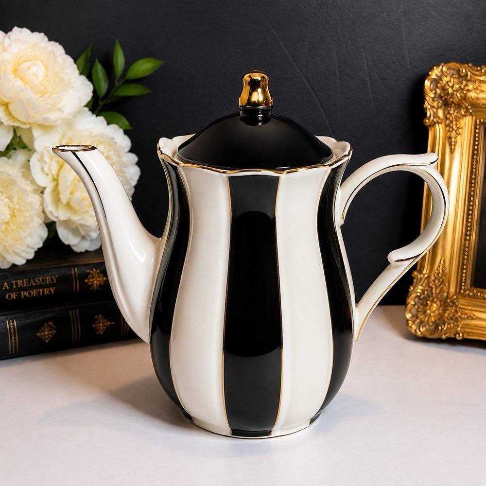 Grace Teaware Black White Stripe Porcelain Teapot Gold Trim New